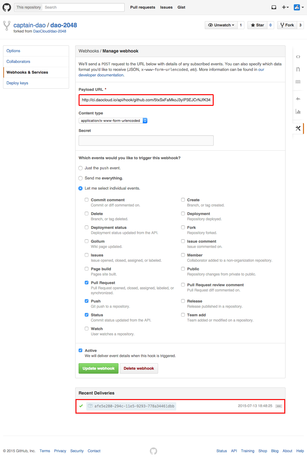 GitHub 上的 WebHook